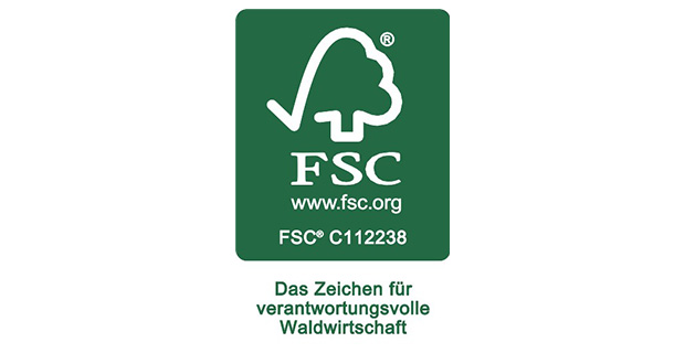 FSC-Siegel: Grüner Hintergrund, auf dem ein Baum als weiße Grafik abgebildet ist.