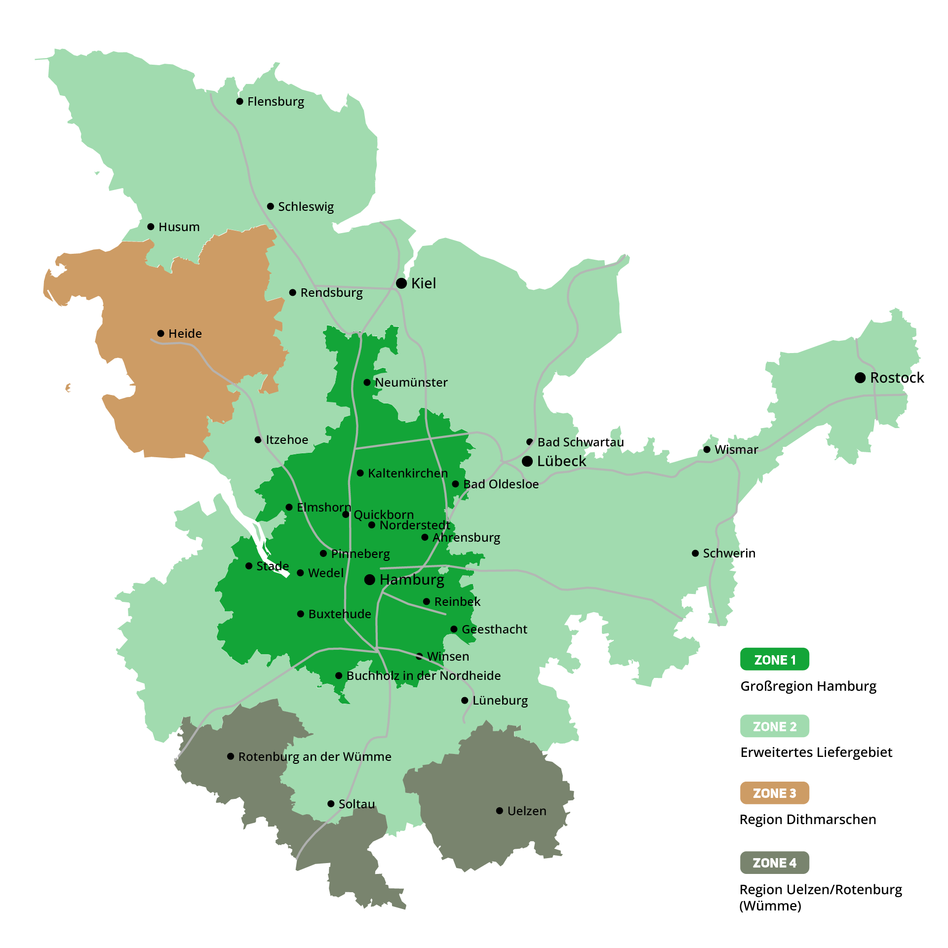 Karte: A&J Liefergebiet mit Zone 1 bis 4