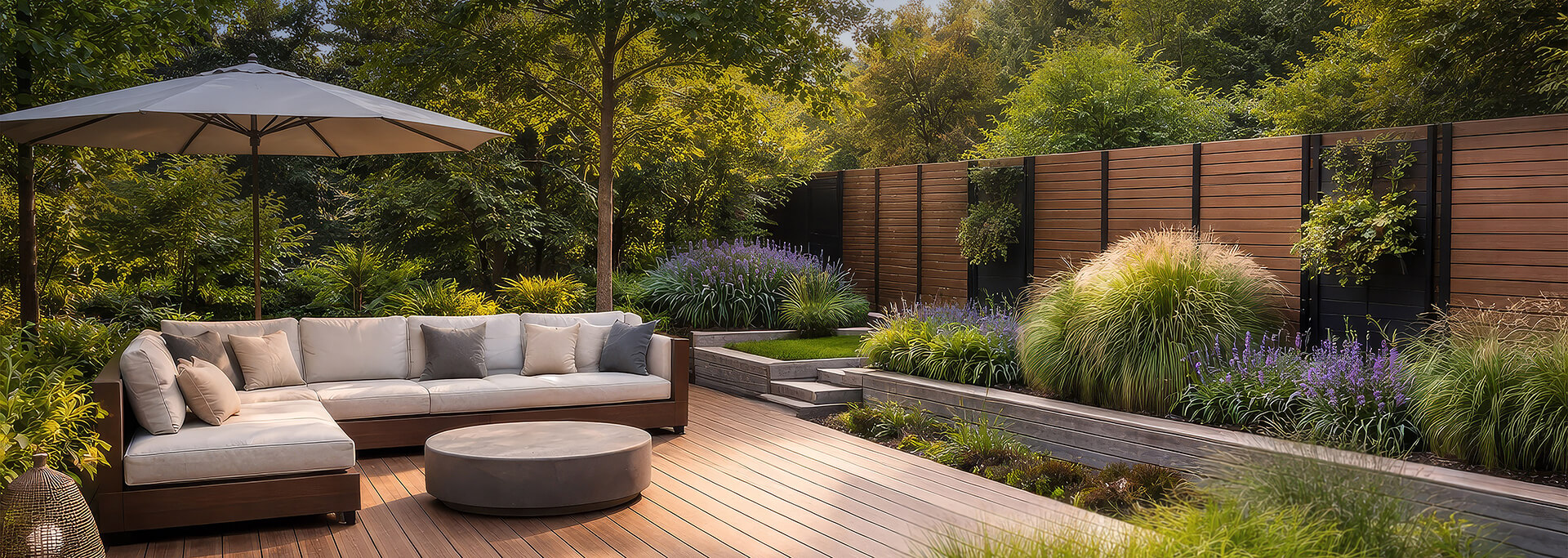 Outdoor-Moebel, Sofaset, Garten-Holzdeck, Terrassen-Sonnenschirm, Landschaftspflanzen