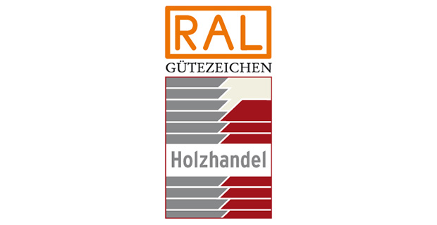 RAL-Gütezeichen Holzhandel: längliche Grafik, oben in orangen Großbuchstaben RAL darunter steht in einem grau-rot länglich geteiltem Abschnitt Gütezeichen Holzhandel