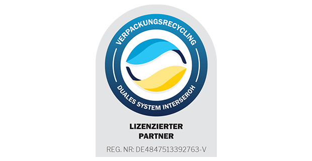 A&J ist im dualen System lizensiert Logo Verpackungsrecycling Interseroh: grauer, oben abgerundeter Hintergrund, darin ein blauer Kreis in dem sich ein gelbes und ein blaues Blatt gegenüberliegen