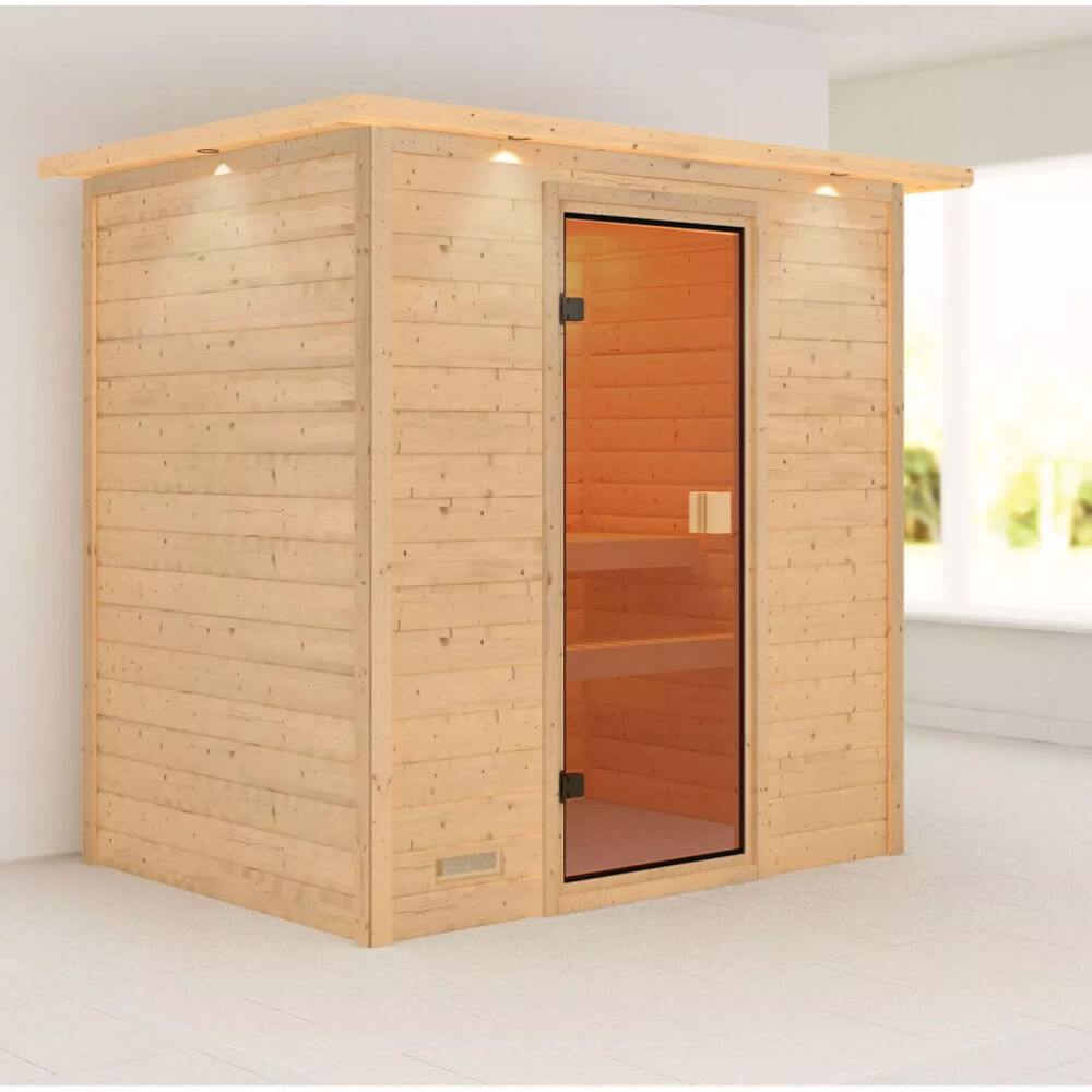 Sauna Sonja » Saunatür: Bronzierte Ganzglastür, Dachkranz: mit ...