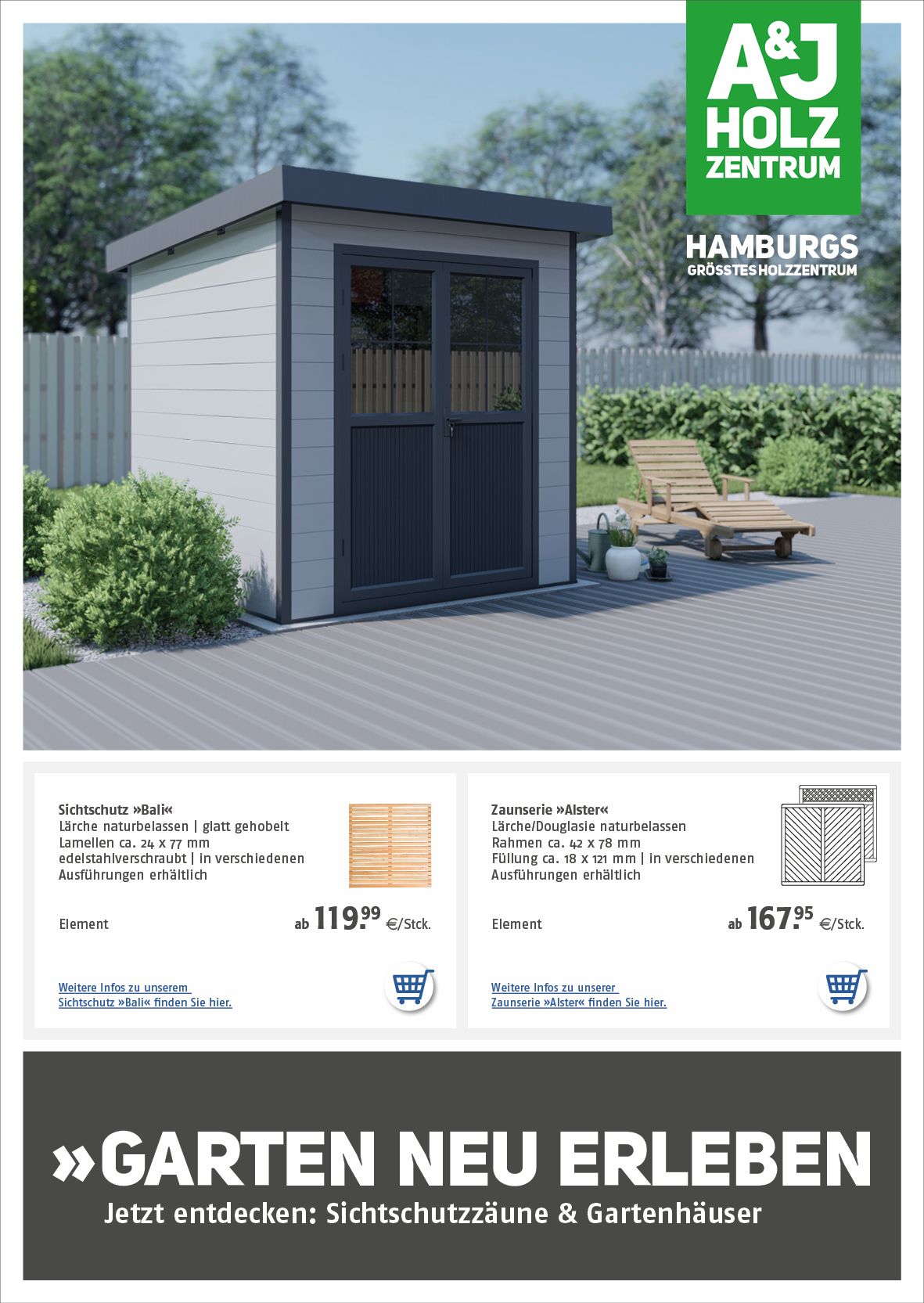 Titelbild A&J Gartenhausbeilage 2024: Blick auf ein hellgraues WPC-Gartenhaus mit dunkelgrauem Pultdach und dunkelgrauer Doppelflügel-Tür mit großen Fensterscheiben
