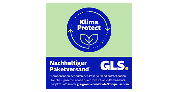 GLS Klima Protect Siegel: hellgrüner Hintergrund mit blauem Kreis in dem ein  Blatt als Grafik dargestellt ist.