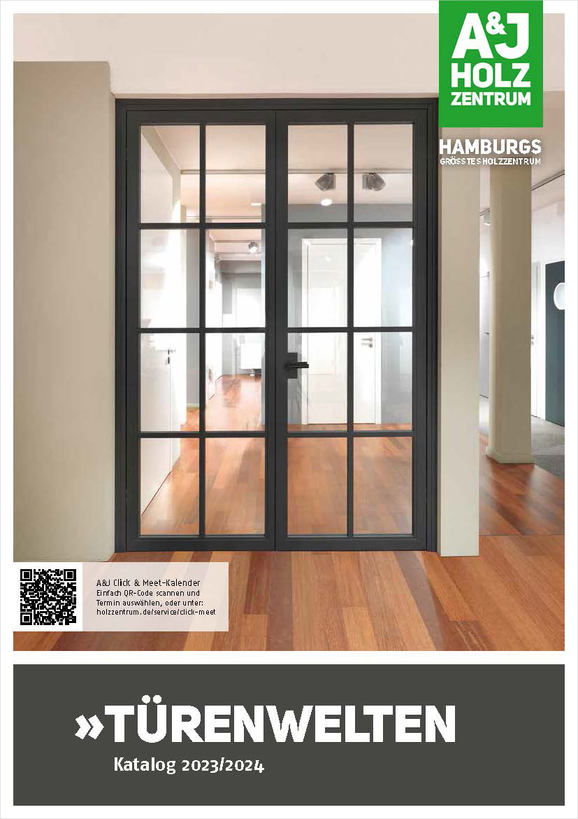 Titelbild vom A&J Türenkatalog: Blick auf und durch eine hohe, anthrazitfarbene, doppelflügelige Loft-Tür aus Glas mit jeweils 8 Segmenten auf jeder Seite.