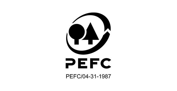 PEFC Siegel: schwarz-weißer Kreis mit Pfeilen, der eine Grafik von einem Laub- und einem Nadelbaum enthält