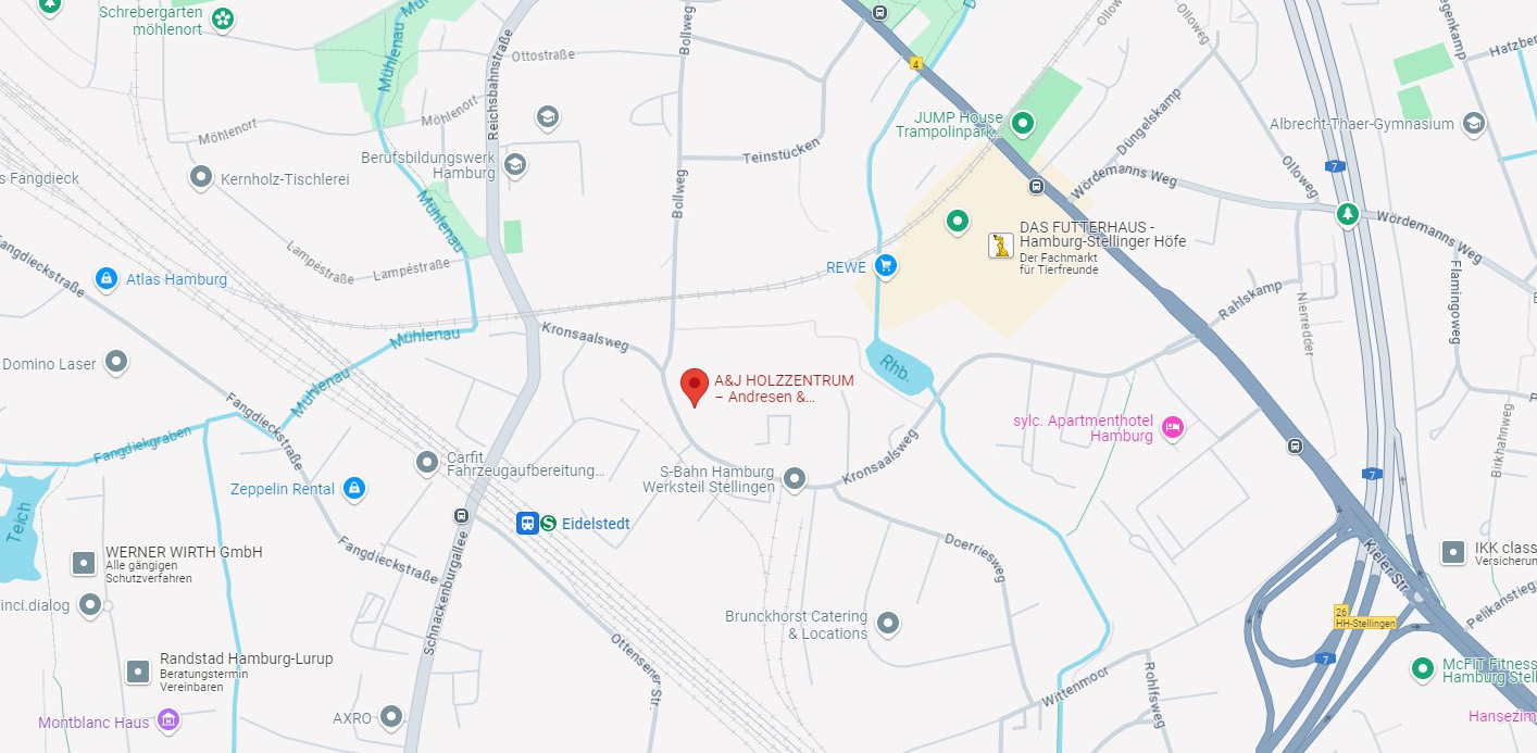 A&J bei Google Maps – Jetzt Route planen! Ausschnitt einer Landkarte vom A&J Standort (Kronsaalsweg 21, 22525 Hamburg)